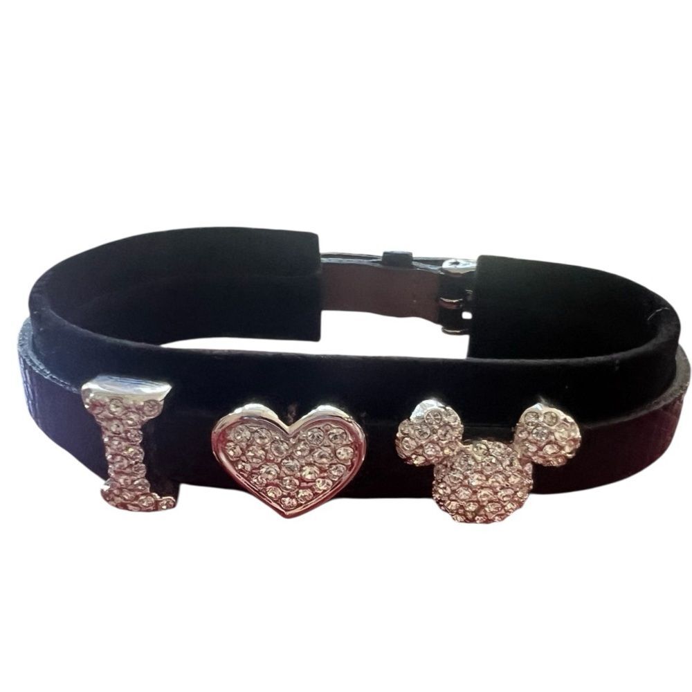 RARE Swarovski Disney Bracelet With “ I (Heart) Mickey”. Black Leather Band.